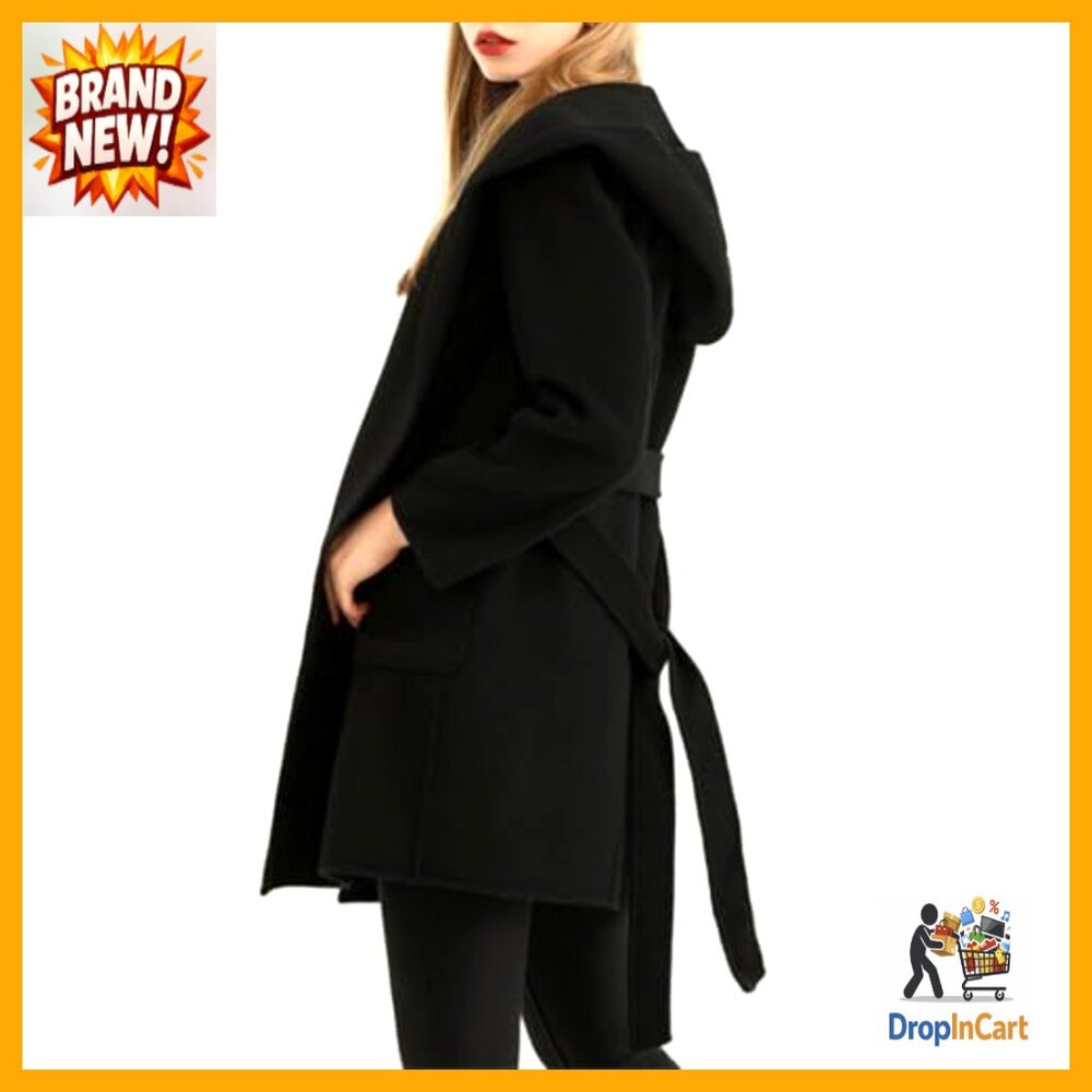 Wool Blend Trench Coat Long Sleeve Open Front Belted Casual Chic Winter Overcoat - Picture 3 of 7